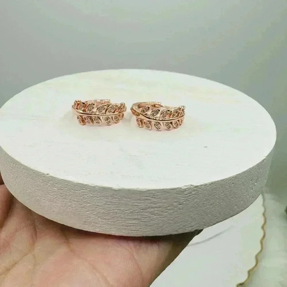 Zircon Olive Branch Leaf Small Hoop Earrings Rose Gold - Picture 5 of 5